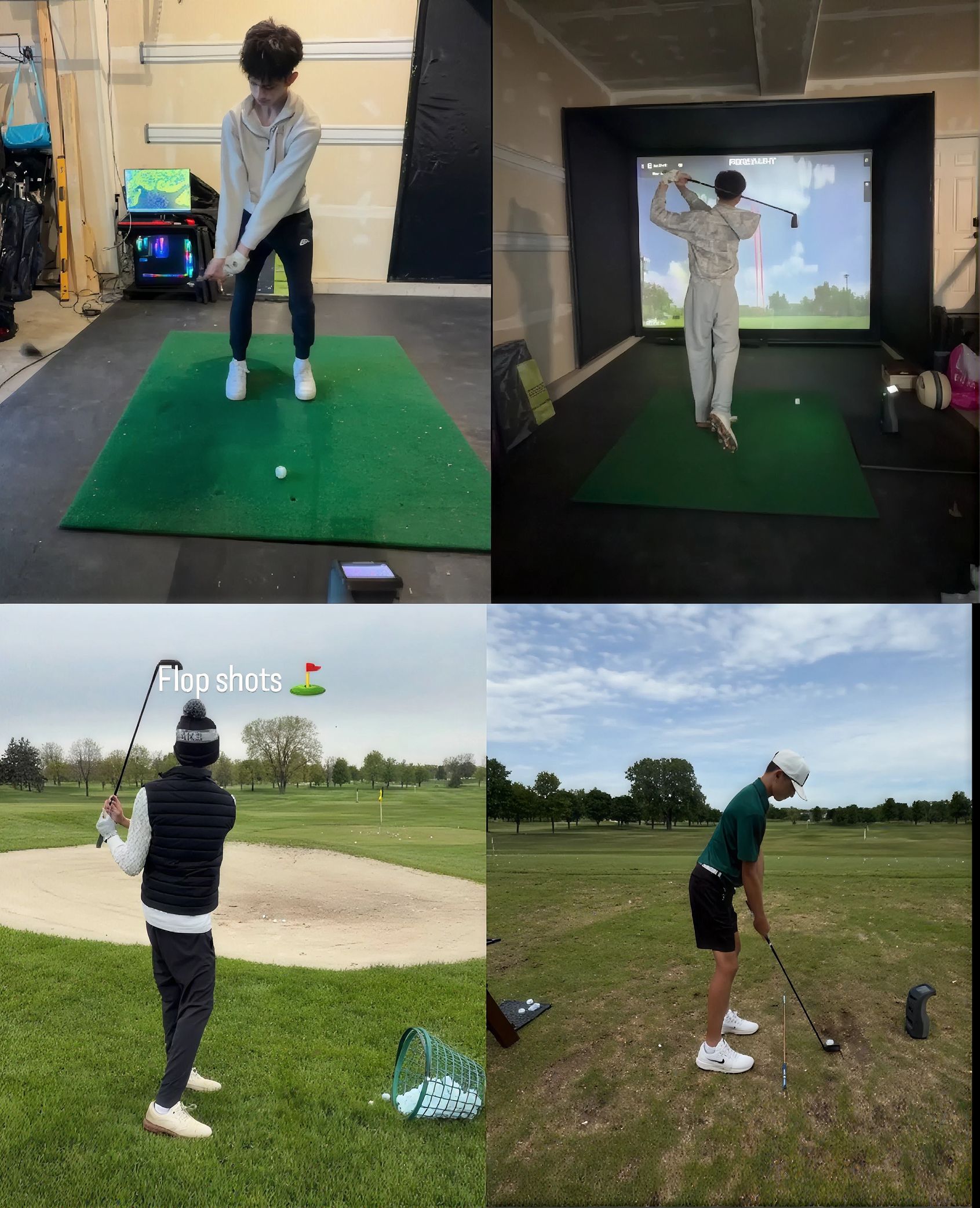 Four practice photos of Orion: on a hitting mat at home, in his golf simulator, hitting flop shots from a bunker, and at address on the range.